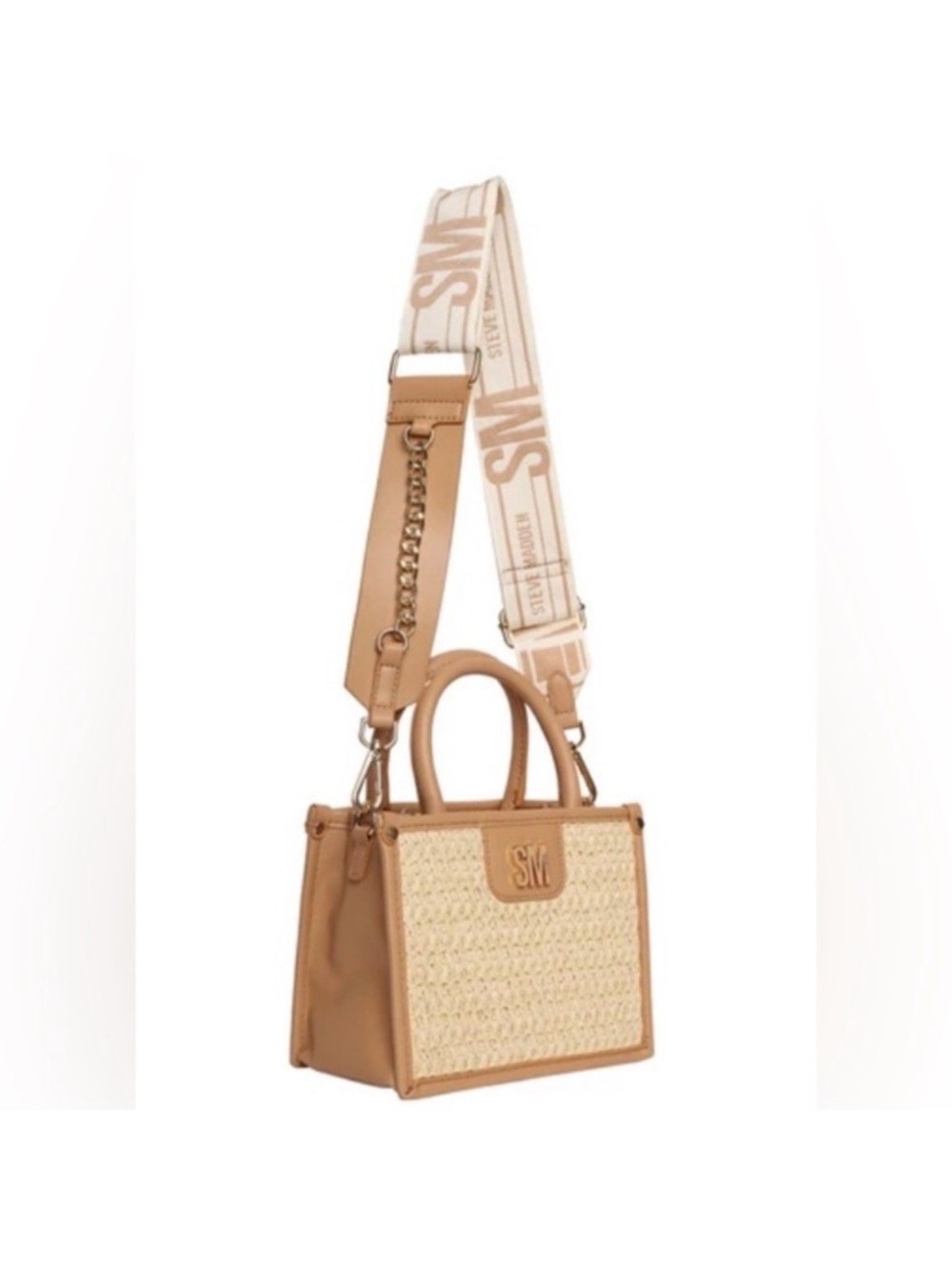 Steve Madden Beige Woven Top-Handle Crossbody Bag with Logo Strap - Picture 3 of 7